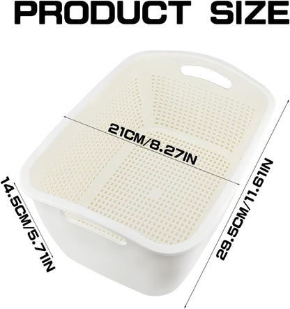 Double-Layer Plastic Fruits & Vegetable Washing Basket - Multi-Layer Stackable Sink Wash & Drain Basket for Kitchen (White Small)