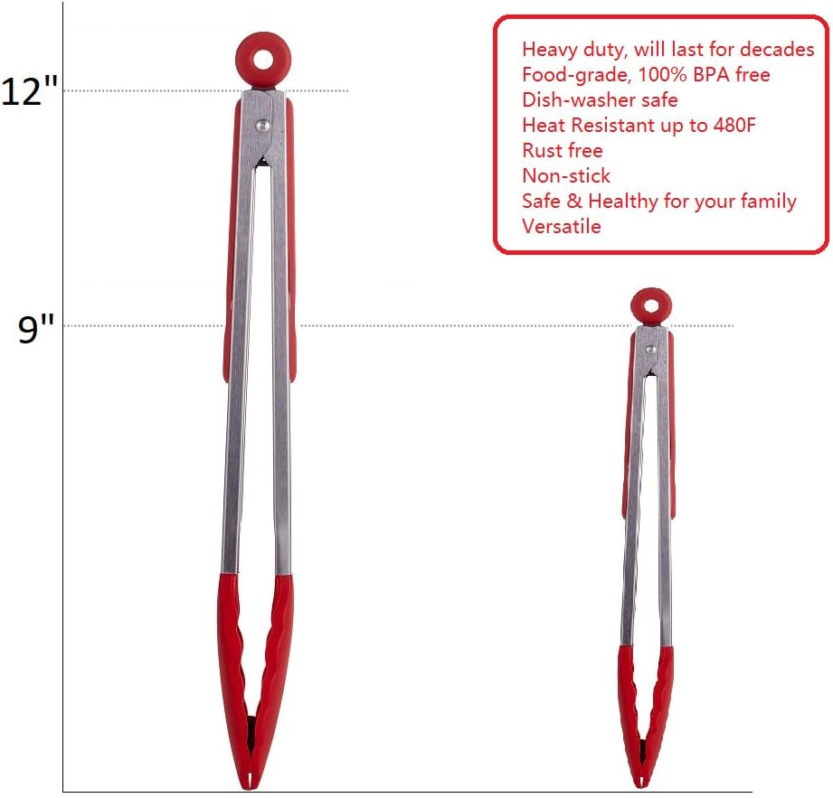 Kitchen Tongs Set of 2 – 9 inch & 12 inch – Stainless Steel Food Tongs with Silicone Tips – Premium Locking Non-stick Tongs for Cooking, BBQ, Grilling, Salad - Heavy Duty, BPA Free(Red)