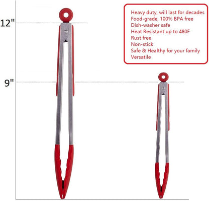 Kitchen Tongs Set of 2 – 9 inch & 12 inch – Stainless Steel Food Tongs with Silicone Tips – Premium Locking Non-stick Tongs for Cooking, BBQ, Grilling, Salad - Heavy Duty, BPA Free(Red)