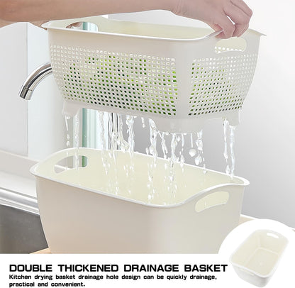 Double-layer Draining Basket Plastic Fruits Vegetable Washing Basket Food Storage Basket Multi-layer Stackable Vegetable Sinks Wash Drain Basket for Kitchen（White Large）