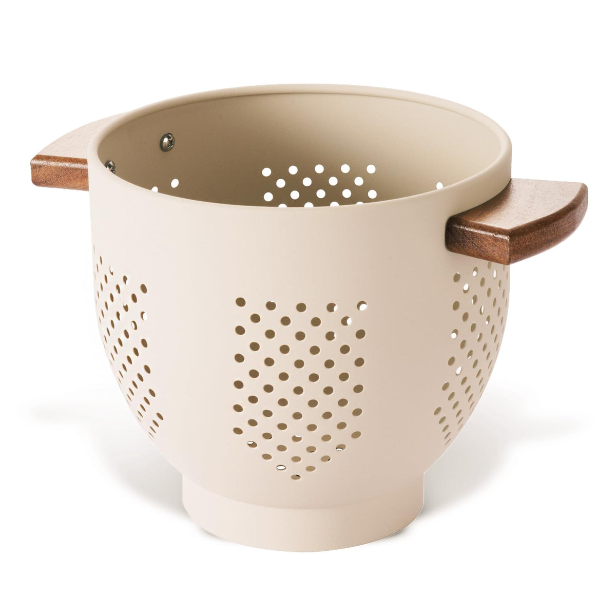 Metal Colander with Wood Handle and Stable Base, Powder Coated Steel Kitchen Strainer Basket for Draining Pasta, Vegetable and fruit(5.5quart,Matte Black)