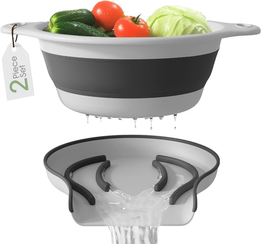 Gevoli Collapsible Colander Strainer, Includes Over-sink Countertop Draining Base (5QT) Large Kitchen Drainer for Vegetables Fruit and Pasta, Round Foldable Draining Basket, Easy Storage (White)