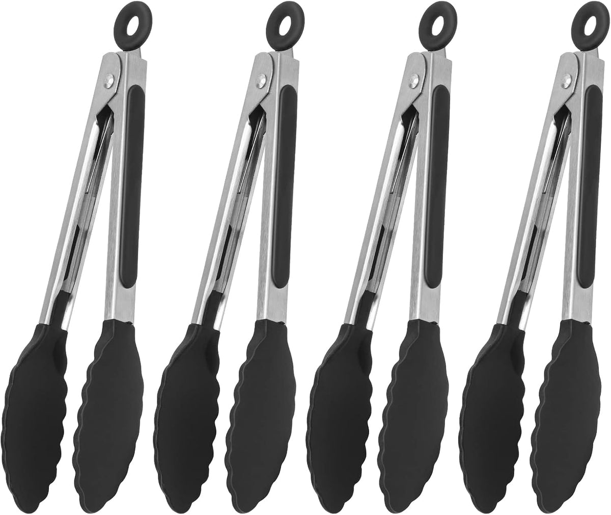 Serving Tongs Kitchen Tongs - Heat Resistant, Premium Stainless Steel Locking Cooking Tongs with Silicone Tips, Non-Slip Food Tongs for Cooking, Heavy Duty, Non-Stick (7 Inch(4 Pack))
