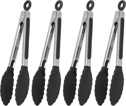 Serving Tongs Kitchen Tongs - Heat Resistant, Premium Stainless Steel Locking Cooking Tongs with Silicone Tips, Non-Slip Food Tongs for Cooking, Heavy Duty, Non-Stick (7 Inch(4 Pack))