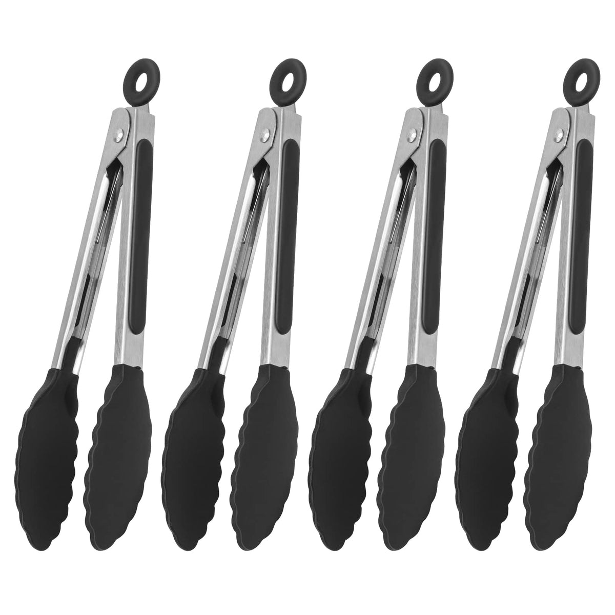 Serving Tongs Kitchen Tongs - Heat Resistant, Premium Stainless Steel Locking Cooking Tongs with Silicone Tips, Non-Slip Food Tongs for Cooking, Heavy Duty, Non-Stick (7 Inch(4 Pack))