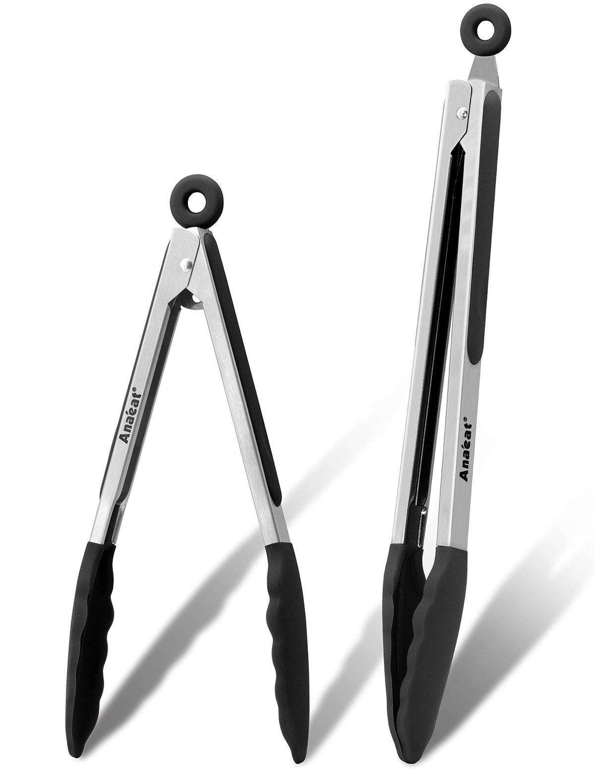 Anaeat Non-Stick Silicone Locking Tong Set of 3 - Stainless Steel 7", 9", 12" Kitchen Food Tongs with Non-Slip Silicone Tips and Grip for Cooking, Baking and BBQ - Heat Resistant up to 480°F (Black)