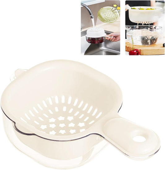 Small Fruit Colander,Fruit Rinser Strainer Container Dual-Layer Vegetable Cutting And Draining Basket,Watermelon Bowl With Strainer For Mini Berry And Tomato Grape Washer (White)