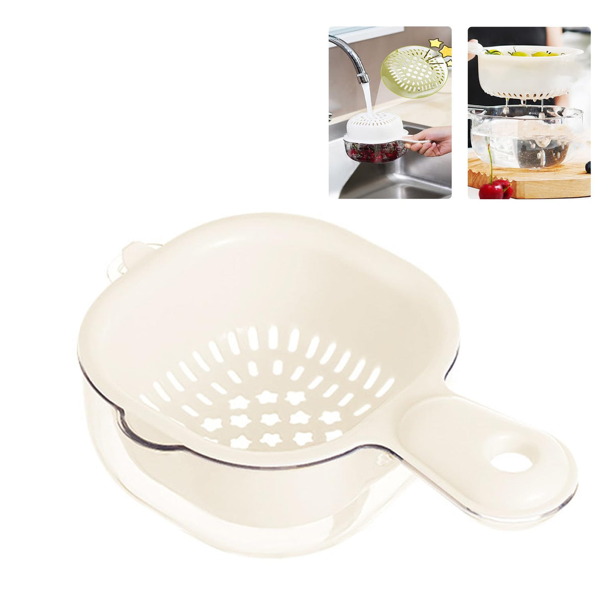 Small Fruit Colander,Fruit Rinser Strainer Container Dual-Layer Vegetable Cutting And Draining Basket,Watermelon Bowl With Strainer For Mini Berry And Tomato Grape Washer (White)