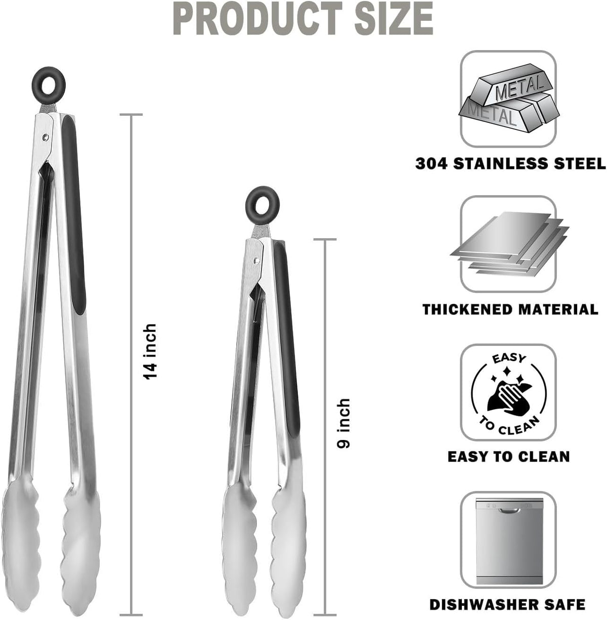 Set of 2 Stainless Steel Tongs with Scalloped Edges Easy Lock Dishwasher Safe Durable and Versatile 14 Inch and 9 Inch Silver