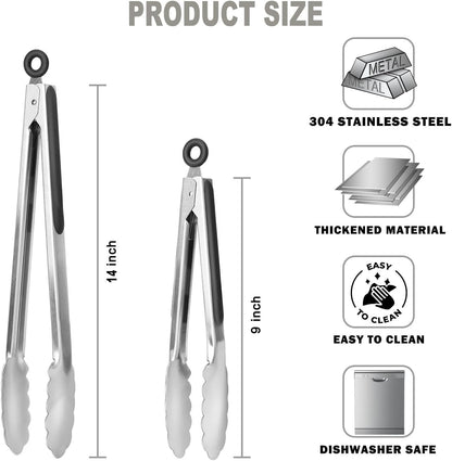 Set of 2 Stainless Steel Tongs with Scalloped Edges Easy Lock Dishwasher Safe Durable and Versatile 14 Inch and 9 Inch Silver