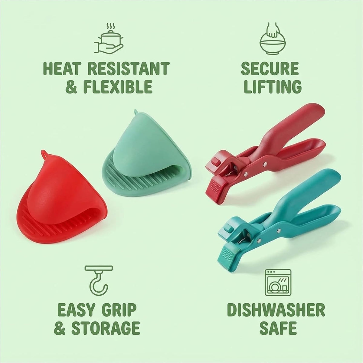 Hot Plate Gripper 4-Piece Set, Anti Scald Plate Gripper Tongs for Kitchen, Non-Slip Hot Plate Grippers for Handling Hot Dishes, Red and Green Silicone Grippers