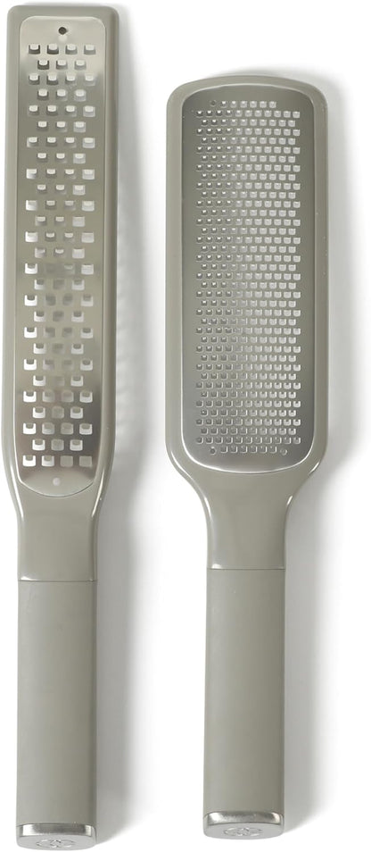 Calphalon Edge 2 Piece Stainless Steel Handheld Cheese Grater and Lemon Zester W/Covers & Rubber Handles - Taupe
