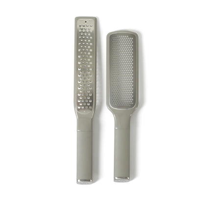 Calphalon Edge 2 Piece Stainless Steel Handheld Cheese Grater and Lemon Zester W/Covers & Rubber Handles - Taupe