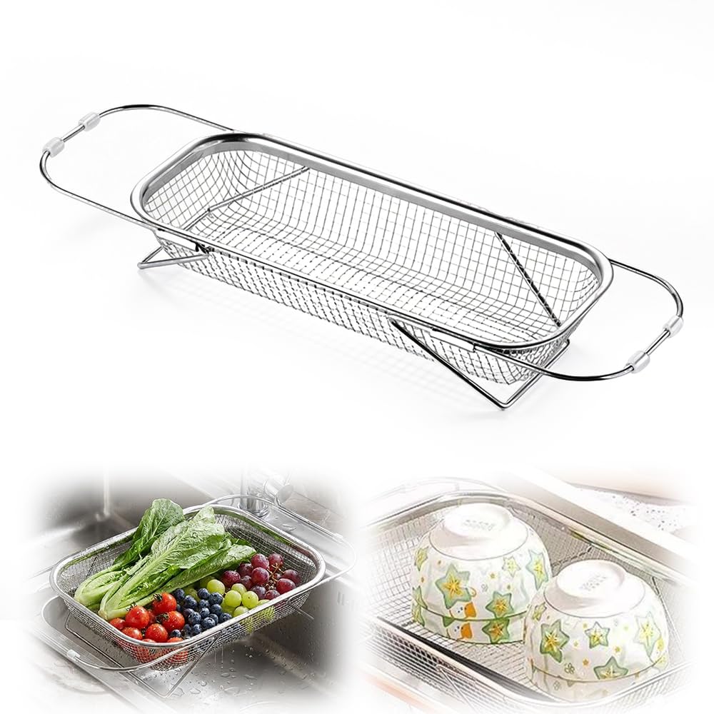 Stainless Steel Over-The-Sink Colander Strainer Basket, Expandable Sink Colander for Kitchen, Vegetable Washing & Food Draining (11.5 * 8.5in)