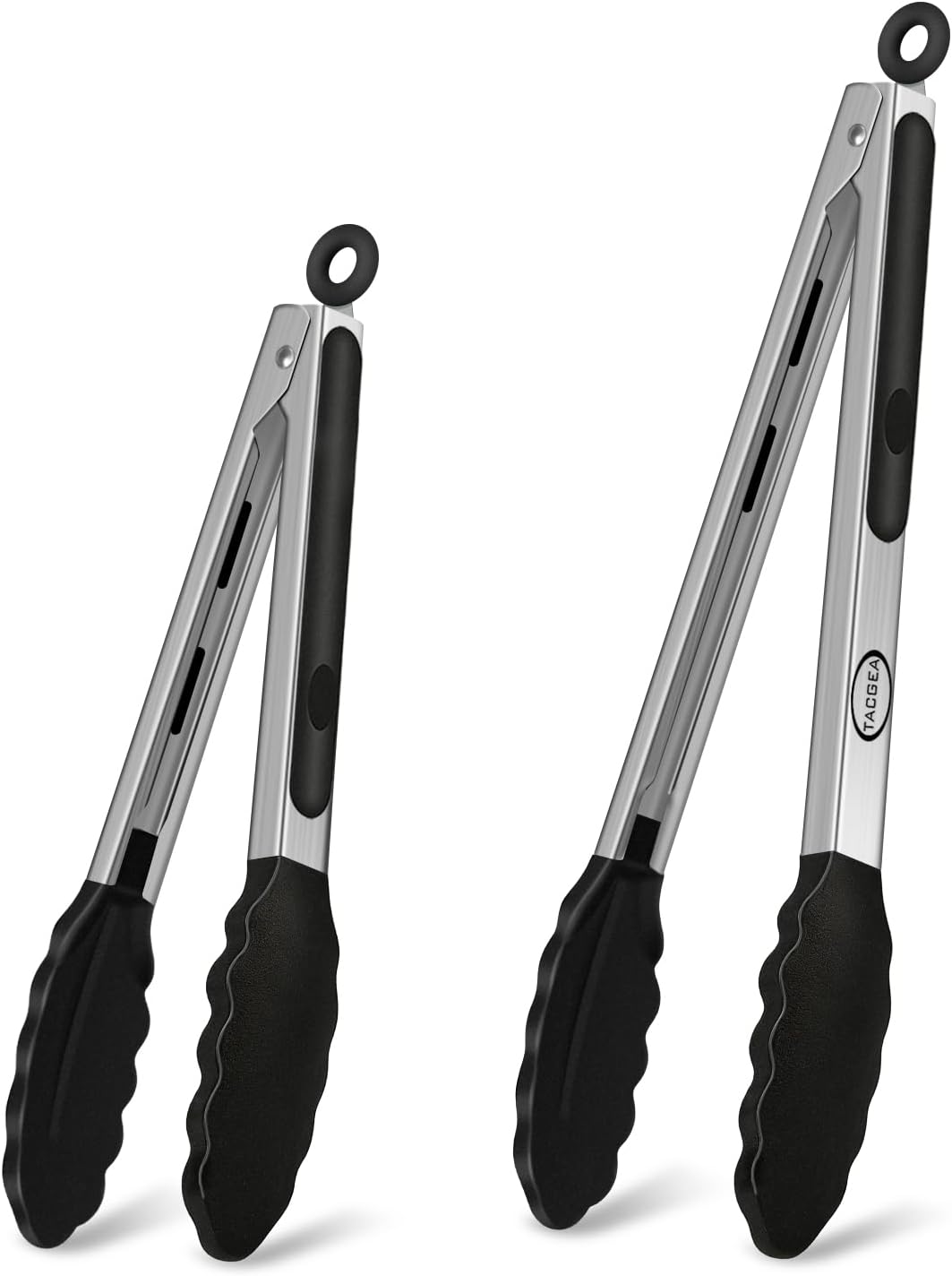 TACGEA Stainless Steel Kitchen Tongs with Silicone Tips, Locking Grilling Food Tongs, 9" and 12", Set of 2 Black