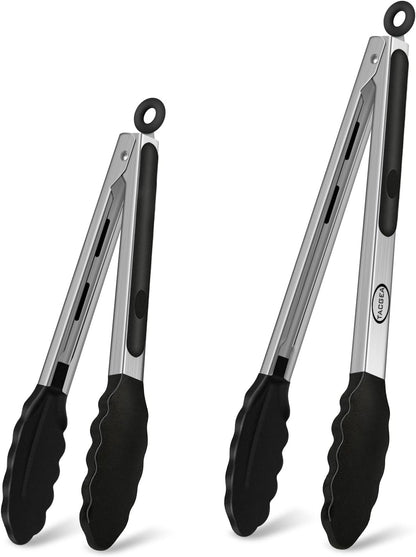 TACGEA Stainless Steel Kitchen Tongs with Silicone Tips, Locking Grilling Food Tongs, 9" and 12", Set of 2 Black
