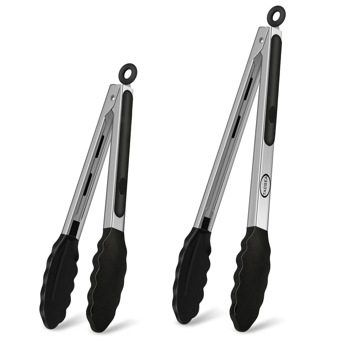 TACGEA Stainless Steel Kitchen Tongs with Silicone Tips, Locking Grilling Food Tongs, 9" and 12", Set of 2 Black