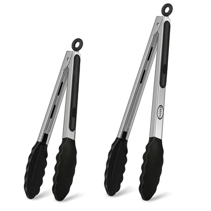 TACGEA Stainless Steel Kitchen Tongs with Silicone Tips, Locking Grilling Food Tongs, 9" and 12", Set of 2 Black