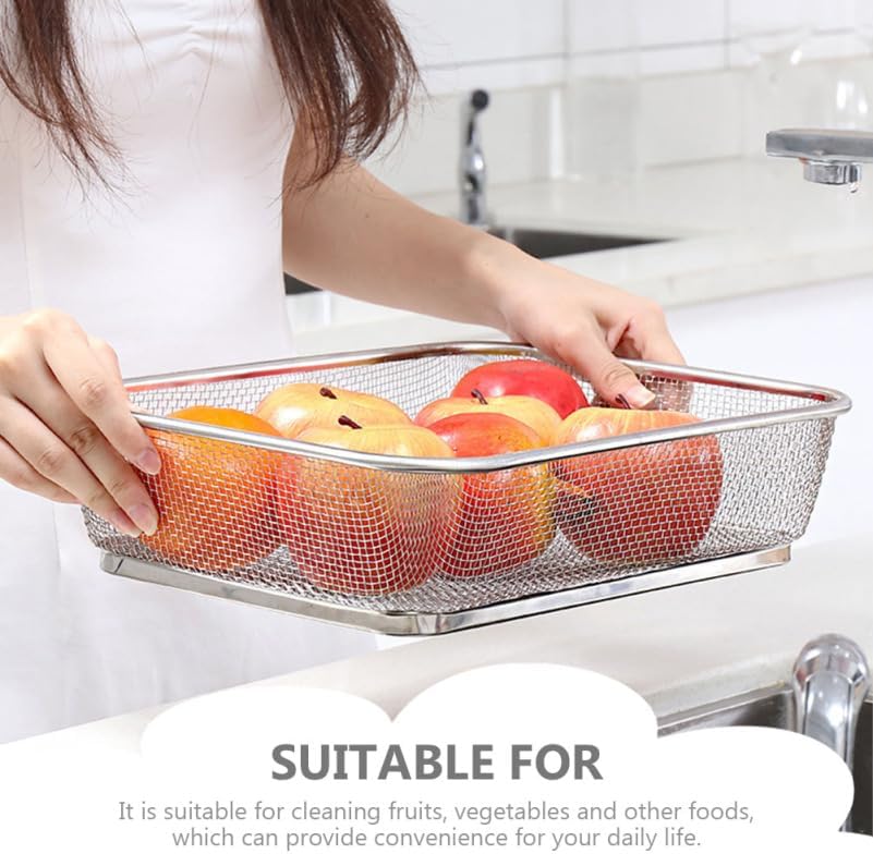 Cabilock Stainless Steel Drain Basket 13.38 X 9.84 X 3.14 in Vegetable Washing Basket for Fruits and Vegetables Kitchen Sink Colander for Rinsing and Draining 1 pack
