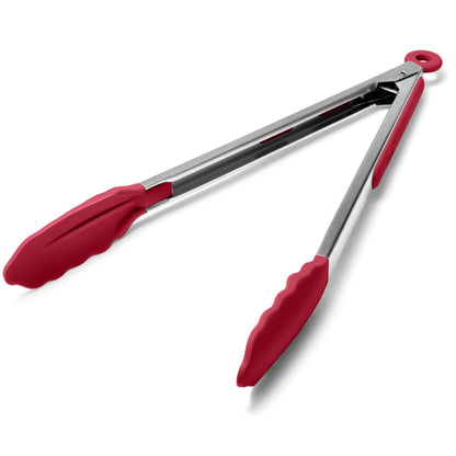 Doosu Kitchen Tongs with Silicone Tips for Cooking Serving (9+12in, Red)