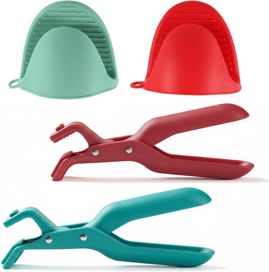 Hot Plate Gripper 4-Piece Set, Anti Scald Plate Gripper Tongs for Kitchen, Non-Slip Hot Plate Grippers for Handling Hot Dishes, Red and Green Silicone Grippers