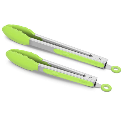 2 Pack Silicone Kitchen Tongs, 9 & 12 Inch, Stainless Steel, Red