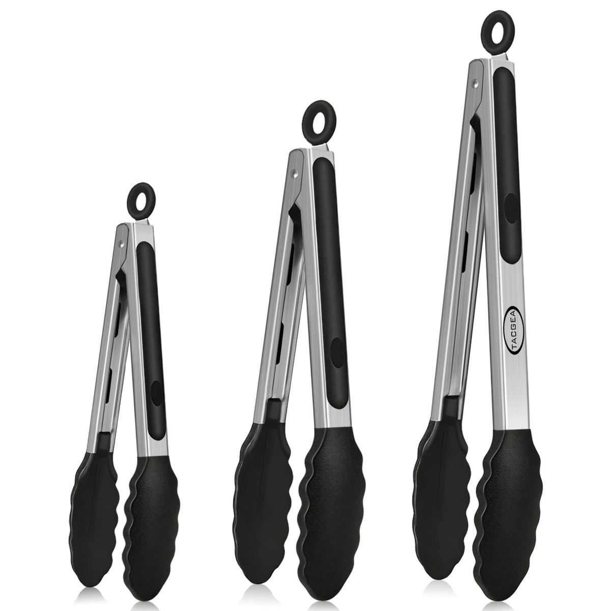 TACGEA Stainless Steel Kitchen Tongs with Silicone Tips, Locking Grilling Food Tongs, 9" and 12", Set of 2 Black