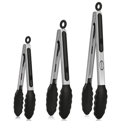 TACGEA Stainless Steel Kitchen Tongs with Silicone Tips, Locking Grilling Food Tongs, 9" and 12", Set of 2 Black