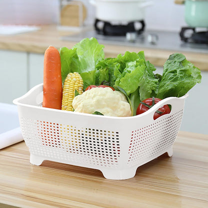 Double Layer Draining Basket,Plastic Fruit Vegetable Wash Rack Cyan