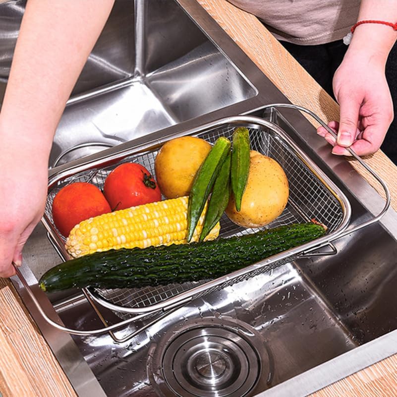 Kichvoe Retractable Sink Drain Basket Extendable Stainless Steel Kitchen Strainer Large Capacity Reusable Food and Vegetable Drainer with Quick Drainage for Home Kitchen