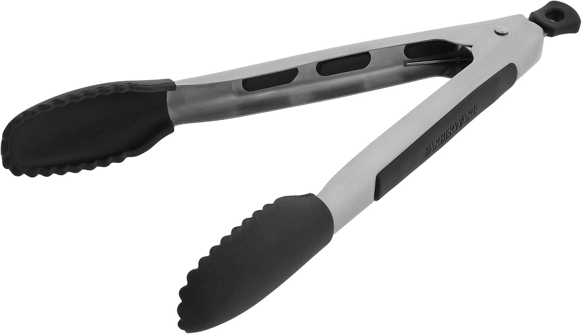 Farberware Pro 9 Inch Silicone Head Locking Kitchen Tongs for Cooking - Ergonomic Grip, Scalloped Tips, Heat Safe to 450F - Dishwasher Safe Cooking Tongs for Grilling, Serving, and Everyday Use