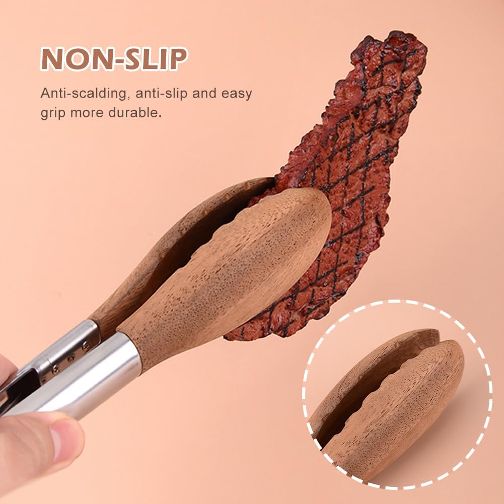 Wooden Tongs - Premium Food Wood Serving Tongs with Non-Slip Grip, Heat Resistant Kitchen Tools Ideal for BBQ, Salad, Toaster, Bread, Pickles and Flipping Burgers(Silver+Brown)