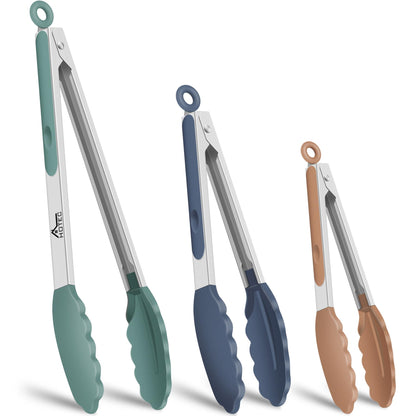 HOTEC Stainless Steel Kitchen Tongs with Silicone Tips, Set of 2-9" and 12"