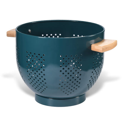 Metal Colander with Wood Handle and Stable Base, Powder Coated Steel Kitchen Strainer Basket for Draining Pasta, Vegetable and fruit(5.5quart,Matte Black)
