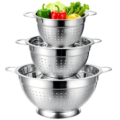 Palksky Stainless Steel Colander Set with Self-Draining Base, 3 Sizes Colanders & Food Strainers for Pasta, Rice, Fruits & Veggies, Metal Colander with Draining Plate for Sink or Countertop