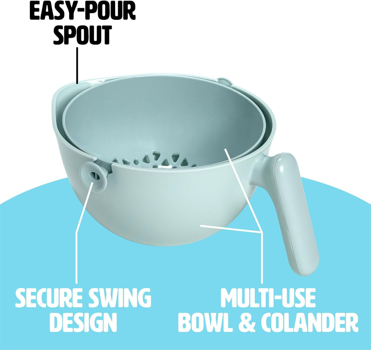 Tasty 2-in-1 Swing Bowl Colander, Built-In Strainer Basket with Handle, Kitchen Hack for Rinsing and Draining for Fruits, Vegetables, and Pasta, 2.1-Quart Bowl + 1.9-Quart Strainer, Aqua