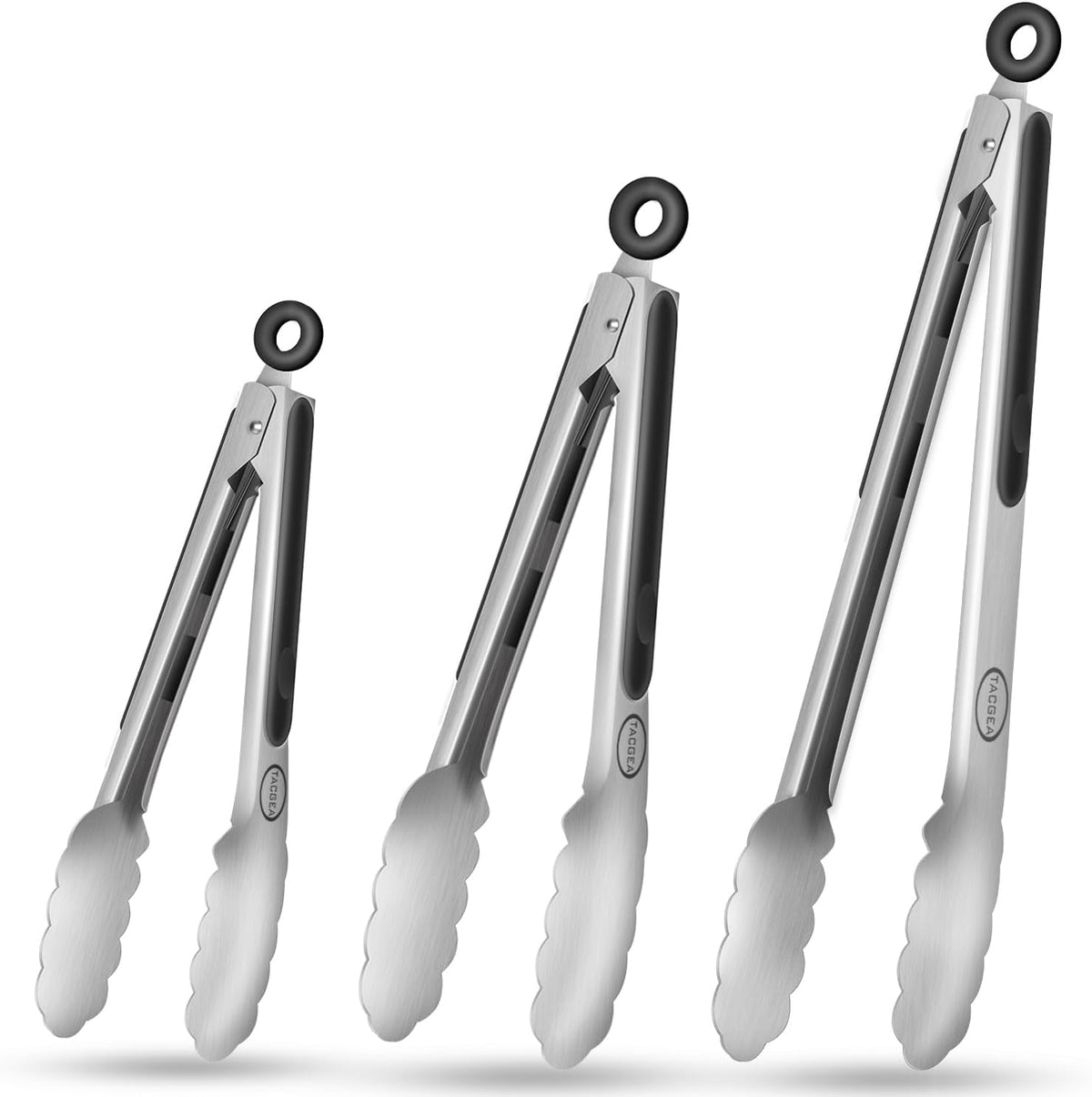 TACGEA Stainless Steel Kitchen Tongs, Silicone Non-slip Grip, Locking Grilling Food Tongs Set of 3-7inch, 9inch and 12inch