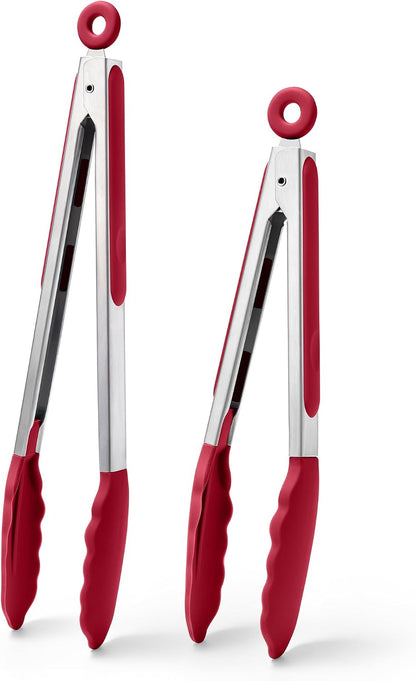 Doosu Kitchen Tongs with Silicone Tips for Cooking Serving (9+12in, Red)