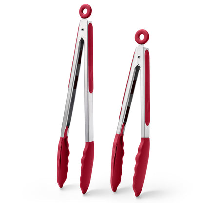 Doosu Kitchen Tongs with Silicone Tips for Cooking Serving (9+12in, Red)
