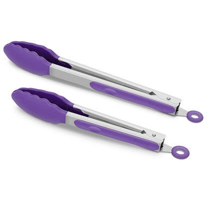 2 Pack Silicone Kitchen Tongs, 9 & 12 Inch, Stainless Steel, Red