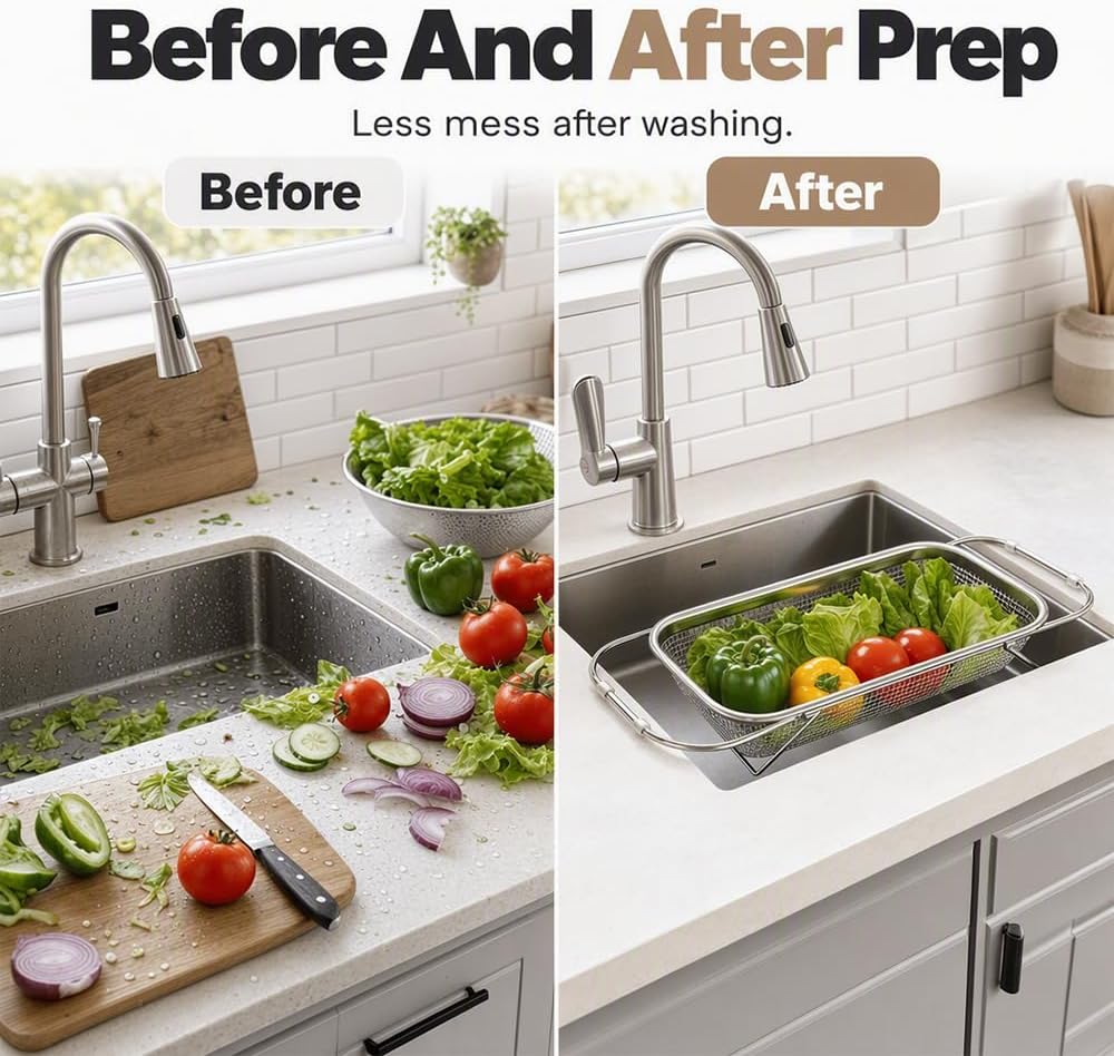 Stainless Steel Over-The-Sink Colander Strainer Basket, Expandable Sink Colander for Kitchen, Vegetable Washing & Food Draining (11.5 * 8.5in)