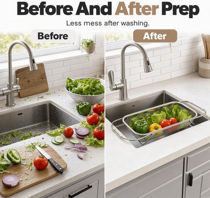 Stainless Steel Over-The-Sink Colander Strainer Basket, Expandable Sink Colander for Kitchen, Vegetable Washing & Food Draining (11.5 * 8.5in)