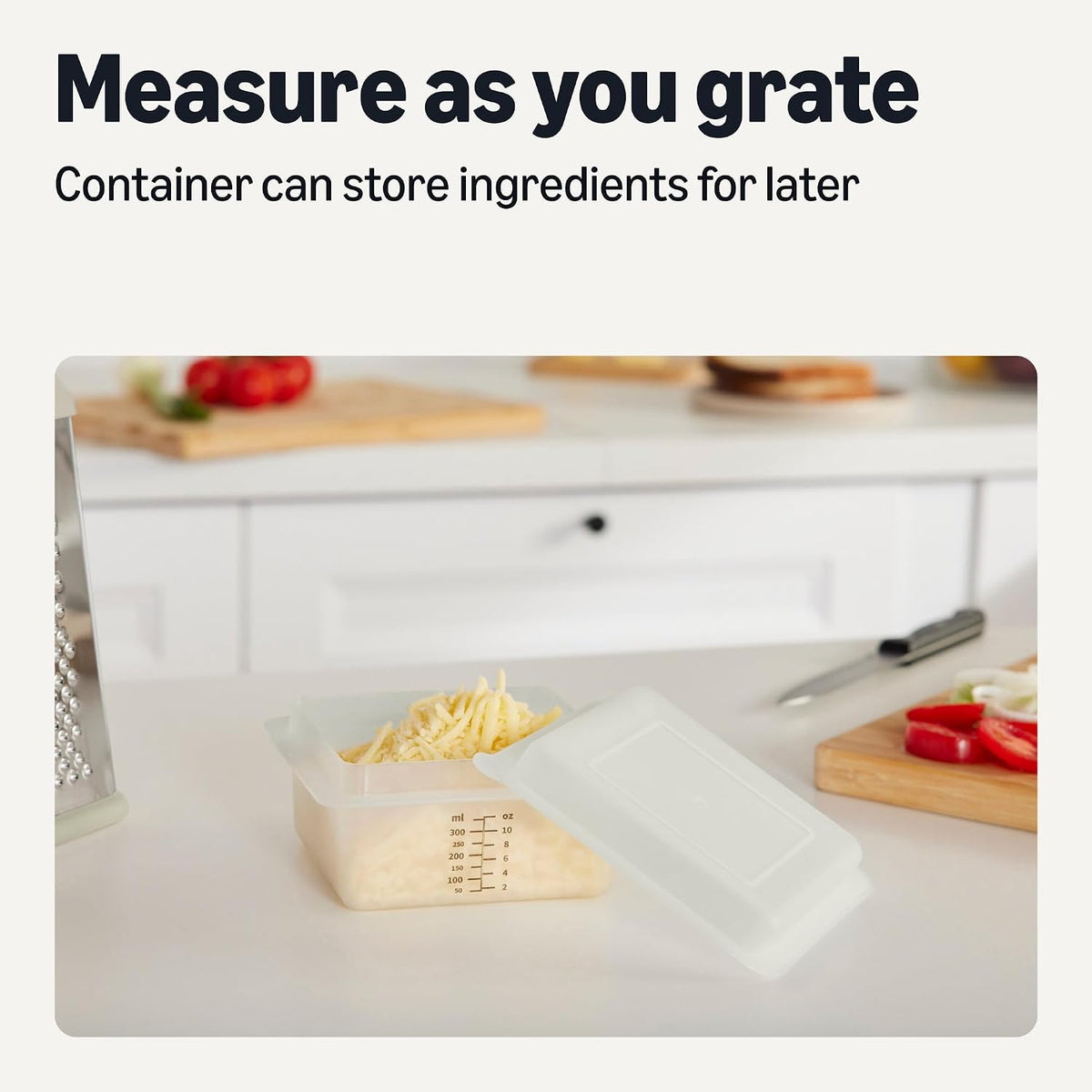Amazon Basics Cheese Grater, 4-Sided Stainless Steel Box Grater with Measuring Container, Dishwasher-Safe
