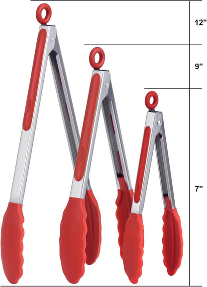 Kitchen Tongs for Cooking Locking Silicone Stainless Steel Buffet Serving Tongs, 7,9 and 12 Inch Non-stick,Heat Resistant 3 Pack