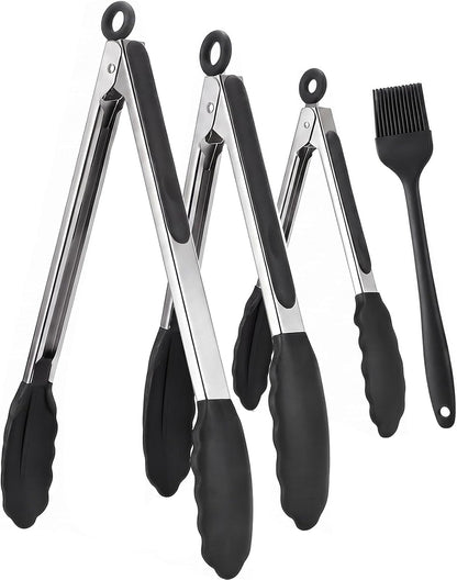 Kitchen Tongs with Silicone Tips, Cooking Tong Set 7/9/12 in and Oil Brush