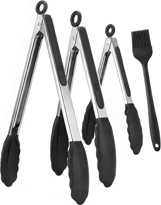 Kitchen Tongs with Silicone Tips, Cooking Tong Set 7/9/12 in and Oil Brush