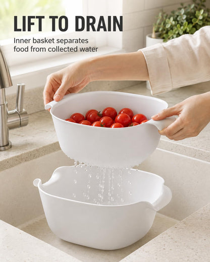2-in-1 Colander Set for Kitchen, White Food-Safe PP Strainer