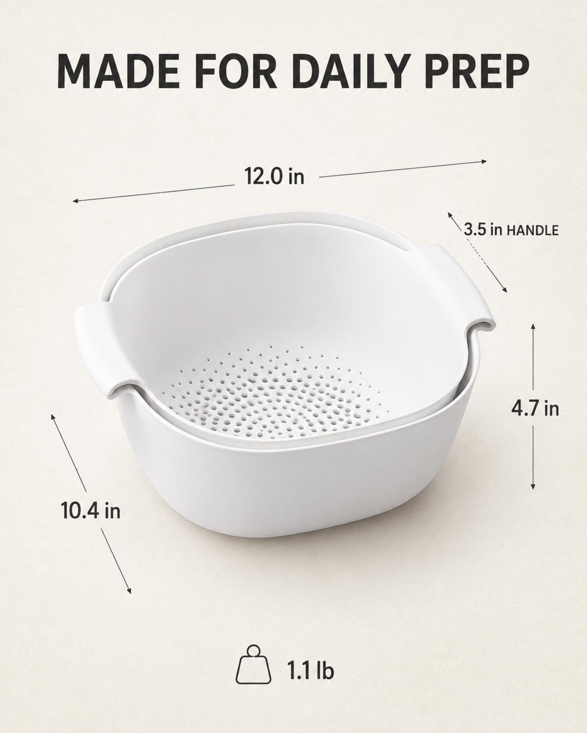 2-in-1 Colander Set for Kitchen, White Food-Safe PP Strainer