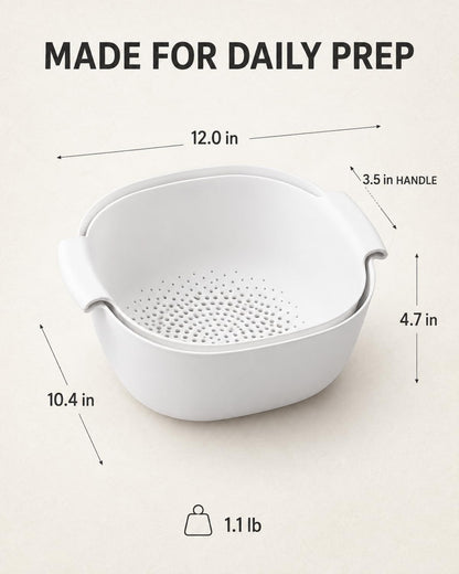 2-in-1 Colander Set for Kitchen, White Food-Safe PP Strainer