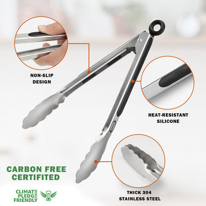 TACGEA Stainless Steel Kitchen Tongs, Silicone Non-slip Grip, Locking Grilling Food Tongs Set of 3-7inch, 9inch and 12inch
